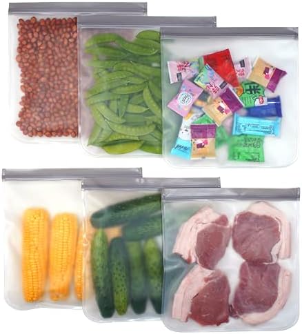 6 Pack BPA FREE Reusable silicone freezer bags, Extra Thick Reusable Storage Bags Leakproof Silicone and Plastic Free for Marinate Meats, Cereal, ...
