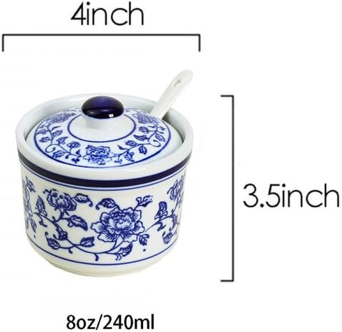 Retro Ceramic Blue and White Sugar Bowl Seasoning Pot Storage Jar with Lid...