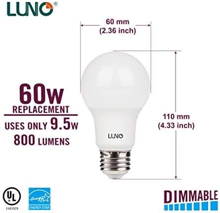 LUNO A19 Dimmable LED Bulb, 9.5W (60W Equivalent), 800 Lumens, 5000K (Daylight), Medium Base (E26),UL & Energy Star (4-Pack)...