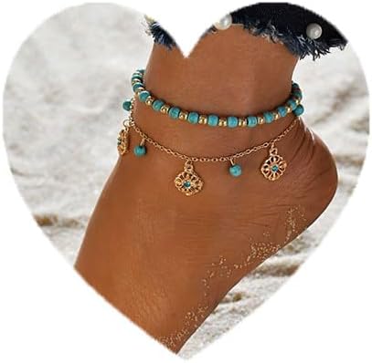 Boho Turquoise Anklet Bracelet Gold Flower Anklet Multi Layer Beads Anklet Beach Anklet Foot Chain Jewelry for Women and Teen Girls...
