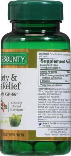Nature's Bounty Anxiety & Stress Relief Ashwagandha Ksm-66 Tablets, 50 Count...