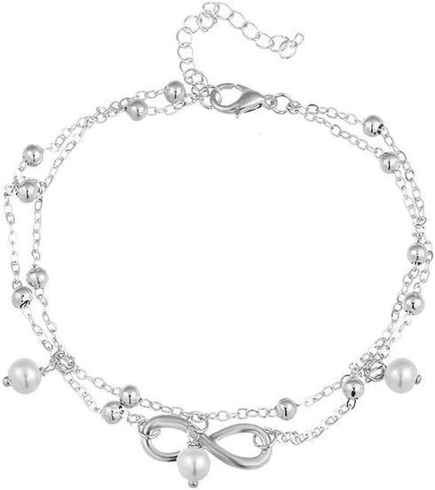 Boho Infinite Anklet Bracelets Pearl Layered Anklet Chain Silver Beach Foot Jewelry for Women...