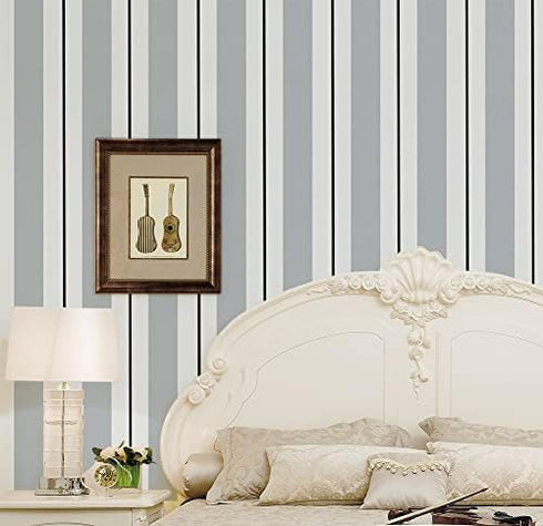 F1340-3 Stripe Peel and Stick Wallpaper Silver White/Black 17.7" x 9.8ft Removable Self-Adhesive Striped Contact Paper Vinyl Film for Furniture Re...