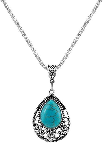 Harlorki Retro Vintage Bohemia Style Alloy Metal Chain Turquoise Pendent Necklace Hook Earrings Fashion Jewelry Set for Women Lady...