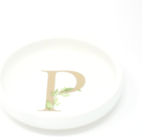 Cedar and Ink Ring Dish with Personalized P in Gold Foil & Greenery, Monogrammed Jewelry Dish, Accessories & Wedding Ring Holder, Dressing Table T...
