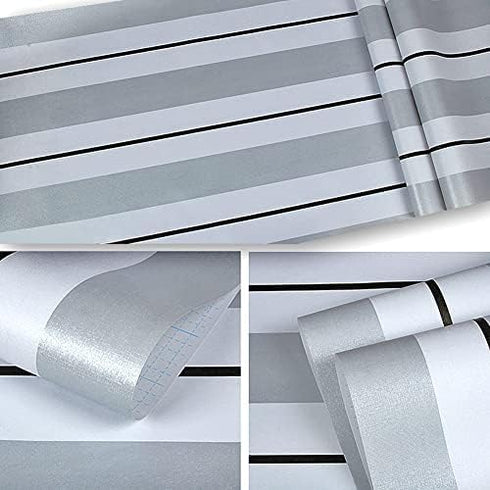 F1340-3 Stripe Peel and Stick Wallpaper Silver White/Black 17.7" x 9.8ft Removable Self-Adhesive Striped Contact Paper Vinyl Film for Furniture Re...