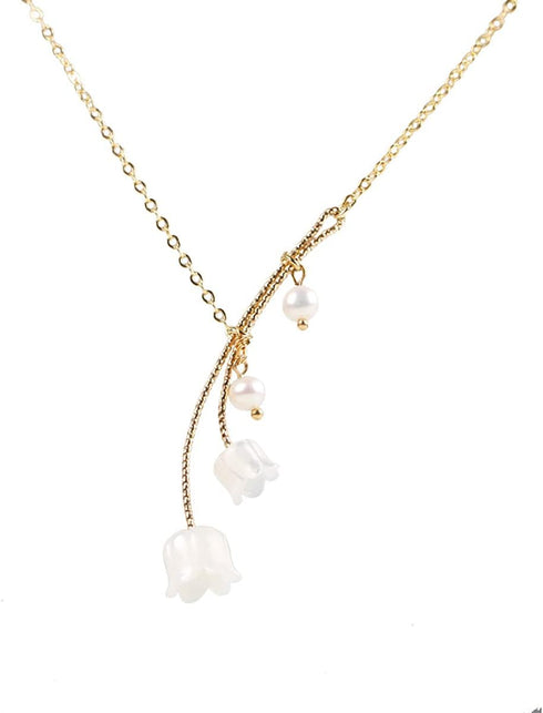 Lily of the Valley Necklace Lily Flower Pearl Pendant Floral Charm Chain Necklace Jewely...