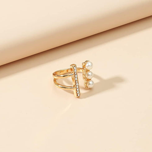 Vintage CZ Tiny Bar Pearl Open Band Ring for Women Girls Gold Plated Cubic Zirconia Statement Adjustable Expandable Imitation Pearls Finger Rings ...