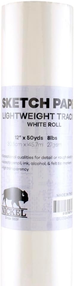 Nickel White Sketch Tracing Paper Roll, 12 inch X 50 yard I White Translucent Paper Vellum I Lightweight Paper for Drawing, Sketching, Drafting, O...