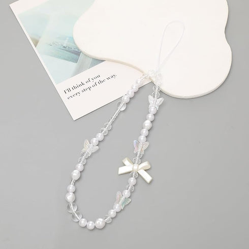 White Mobile Phone Lanyard Universal Phone Chain Black Bow White Pearl Beaded Phone Lanyard Wrist Strap Anti Lost Phone Charm Strap Fashion Phone ...