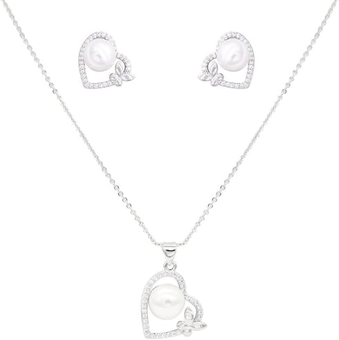 Lavencious CZ and Pearl Heart and Butterfly Shape Pendant Necklace and Cluster Earrings Jewelry Set for Women...