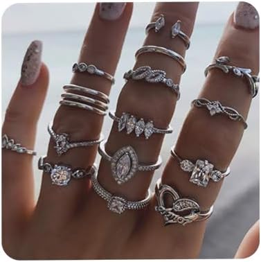 15 Pcs Bohemian Stackable Joint Knuckle Ring Set Crystal Heart Finger Ring Sparkling Rhinestone Midi Rings for Women...