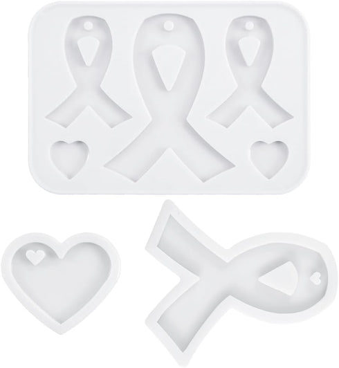 Awareness Ribbon Keychain Epoxy Resin Silicone Molds with Heart, for Pendant Charm Jewelry Casting Fondant Cake Chocolate Pudding Cookie Soap Poly...