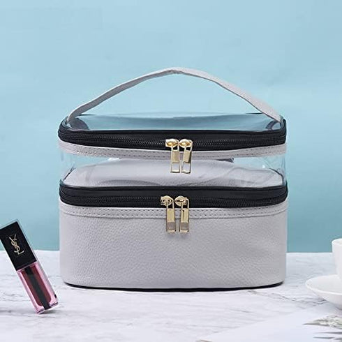 FITINI Makeup Bags Double Layer Travel Storage Cosmetic Cases Make up Organizer Toiletry Bags Water-resistant for Women Makeup Brush Bag,Gray...