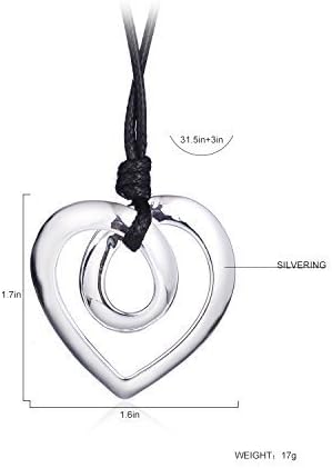 Heart Shape Long Pendant Necklace Silver Plated Black PU Leather Rope Long Chain Necklace for Women...
