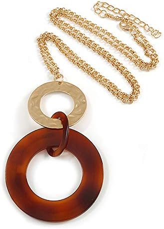 Large Matte Gold Tone, Brown Tortoise Shell Effect Double Circle Pendant with Gold Tone Chain - 76cm L/ 7cm Ext/ 10cm Pendant...