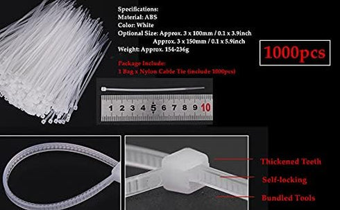 1000 Pcs White Zip Ties Recoverable Reusable Small Clear Self locking Nylon Cable Ties Fasten Thin Wraps Wire Ties for Home Office Workshop(3x100m...