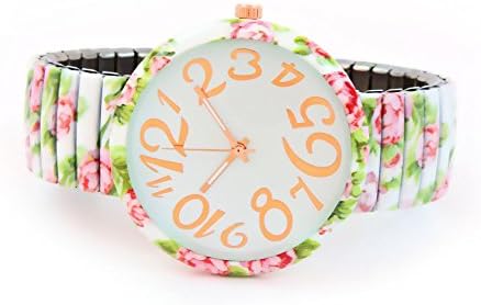 White Roses Floral Print Large Face Easy to Read Stretch Band Extension Women's Watch...