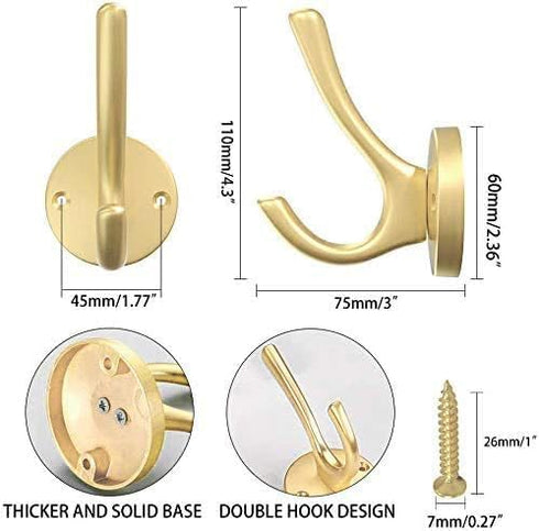 ZUONAI Gold Coat Hooks 2 Pack Heavy Duty Brushed Towel Hooks Screws Solid Brass Wall Gold Hooks for Hanging Coats, Hats, Jacket, Clothing and Keys...