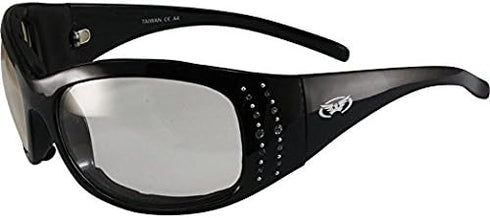 Global Vision Marilyn Motorcycle Sunglasses Bling Rhinestone Black Frames Clear to Smoke Lens...