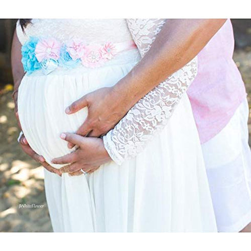 Gender Reveal Maternity Sash - Baby Reveal Pregnancy Sash Keepsake Baby Shower Flower Belly Belt (Pink & Blue)...