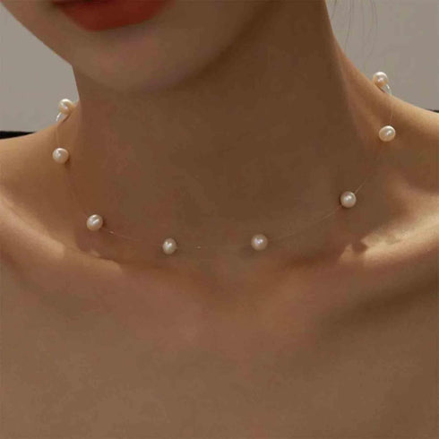Vintage Pearl Choker Necklace Tiny Pearl Necklace Pearl Invisible Choker Necklace Silver Transparent Collar Necklace Thin Station Pearl Chain Jewe...