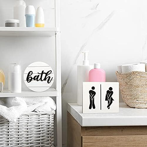 Jetec 2 Pcs 3D Bathroom Signs Decor Farmhouse Bathroom Shelf Decor Rustic Funny Wooden Unisex Round Shiplap Restroom Signs for Guest Modern Busine...