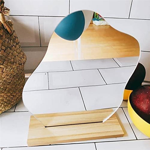 Irregular Aesthetic Vanity Mirror Frameless, Decorative Desk Tabletop Acrylic Mirrors with Wooden Stand for Living Room, Bedroom, Office and Minim...