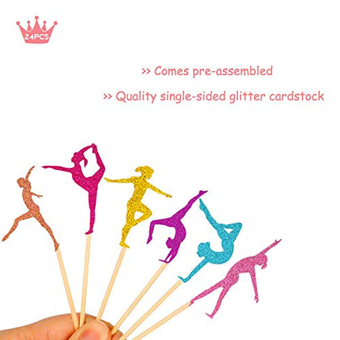 Gymnastics Cupcake Topper Gymnast Themed Cake Food Fruit Dessert Appetizer Picks Girl Birthday Party Supplies Colorful Glitter Decorations Set of ...