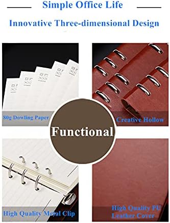 Business Office Student Openwork PU Leather Metal Binder Hardcover Spiral Refillable 6 Ring Journal Personal Planner Notebook (Brown, A6)...