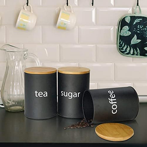 SOTECH Metal Food Storage Jar Farmhouse Coffee Canisters with Bamboo Lids,Black Kitchen Canisters Set of 3 Decorative Canisters for Kitchen Counte...