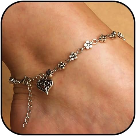Boho Flower Ankle Bracelets Silver Heart Hanging Anklets Beach Foot Bracelet Jewelry for Women(1PCS)...