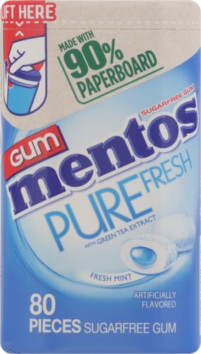 Mentos Pure Fresh Sugar-Free Chewing Gum with Xylitol, Fresh Mint, in a recyclable 90% Paperboard Bottle, 80 Piece (Pack of 1)...