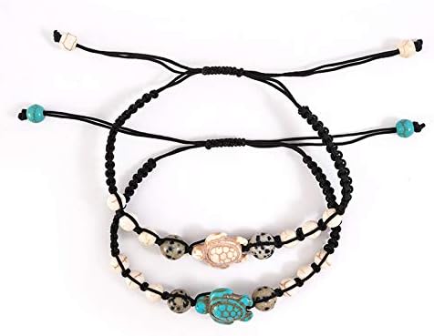 Pingyongchang 8mm Vintage Turquoise Sea Turtle Bracelet,Bohemian Turquoise Natutal Stone Bracelet Adjustable Hand Woven Bead Strand Bracelet with ...