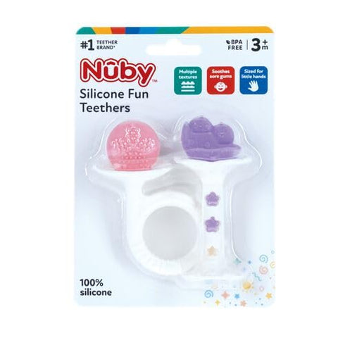 Nuby Silicone Fun Teethers - (2-Pack) Baby Teething Toy - Chick and Tuba Shapes - 3+ Months - Purple and Pink...