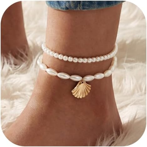 Boho Pearl Anklet Layered Ankle Bracelets Beaded Scallop Pendant Foot Chain Jewelry for Women...