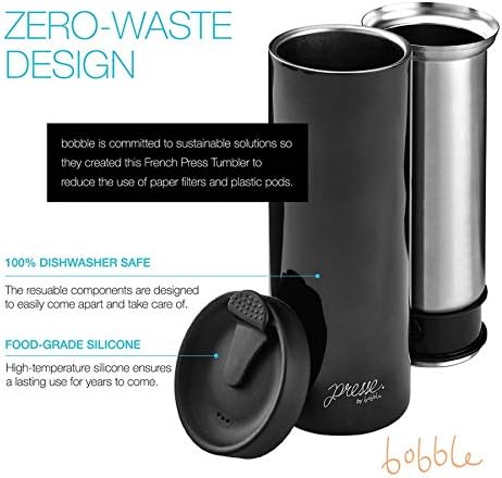 bobble French Coffee Presse, On-The-Go use, Quick Brew, Slim Design, Triple Wall Insulation, 14 oz (Stainless Steel)...
