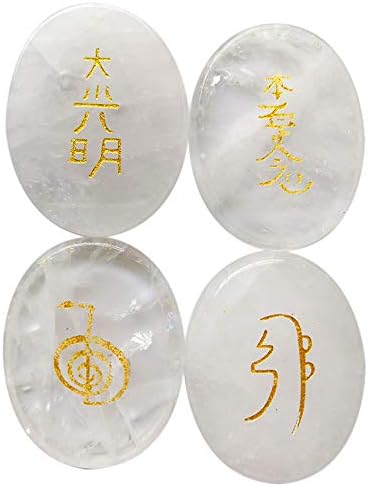 4 Pcs Rock Quartz Engraved Chakra Stones Healing Crystal Reiki Balancing Palm Stone, 45mm...
