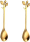2 Pack Stainless Steel Leaf Coffee Spoon Tableware Dessert Spoons, Stirring, Mixing, Sugar, Stir, Ice Cream, Cake, Teaspoon 4.7 inch Gold...