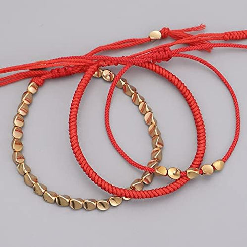 Pingyongchang 3 PCS Handmade Rope Red String Hand-Knitted Bracelets Tibetan Buddhist Woven Lucky Adjustable Cotton Copper Beads Bracelets for Wome...