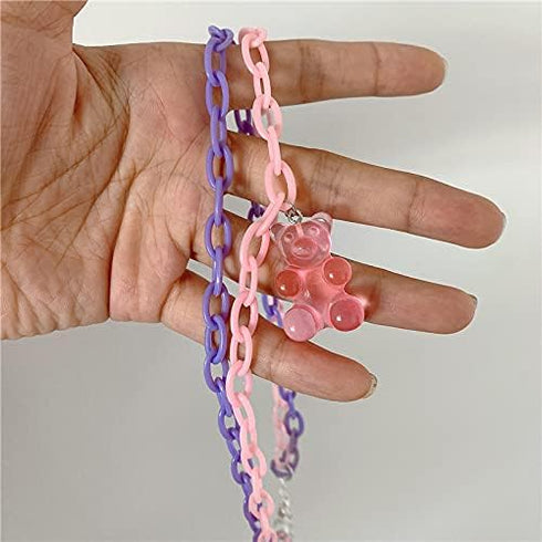 Lovely Gummy Bear Pendant Necklace Pink Acrylic Chunky Chain Cute Candy Color Bear Necklace for Women Jewelry Gift...