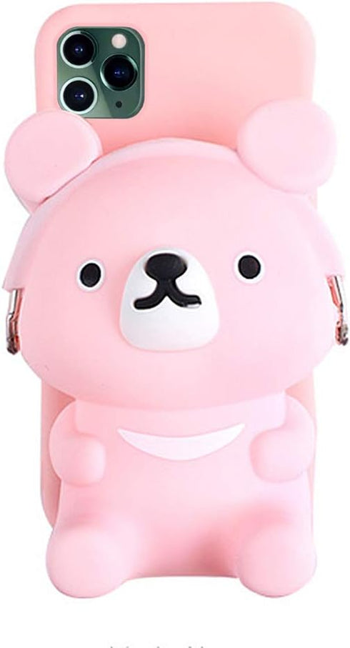 UnnFiko Wallet Phone Case for iPhone 7 Plus 8 Plus 3D Cartoon Cute Bear Purse Stand Holder Soft Silicone Protective Case for Girls Women Pink...