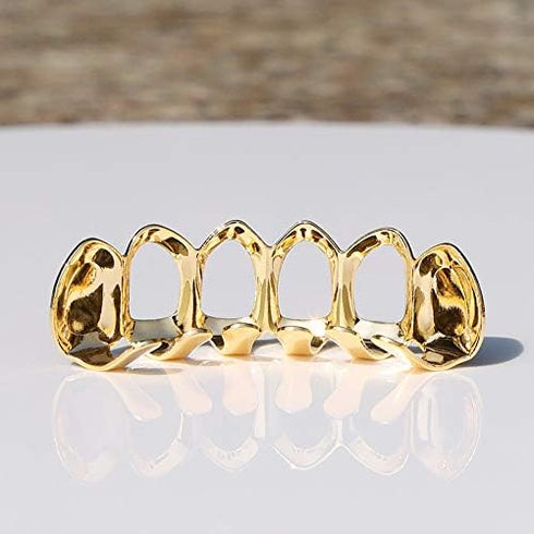 Open Face Grillz Teeth 24k Gold Grillz Plated Caps New Custom Fit Top & Bottom Grill Set for Kids + Extra Molding Bars + Microfiber Cloth...