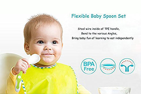 Baby Utensils Spoons with Travel Safe Case, Toddlers Feeding Training Spoon with Easy Grip and Bendable Function, Perfect Self Feeding Learning Sp...