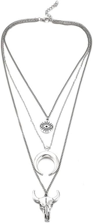 Caiyao Boho Women's Layered Necklace Cowboy Cowgirls Western Women's Chain Necklace Evil Eye Bull Head Necklace Women's Silver Cresent Moon Pendan...