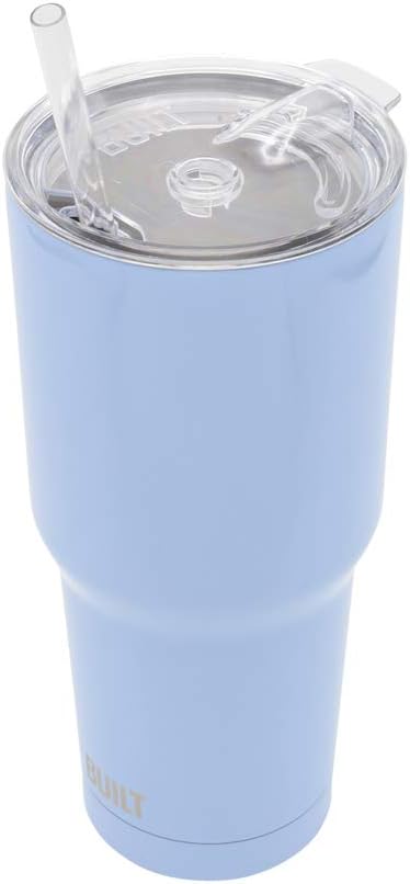 BUILT Double Walled Stainless Steel Tumbler Set with Replacement Lid, 2 Reusable Tritan Wire Straw Cleaning Brush in Gift Box, 30-ounces, Cerulean...