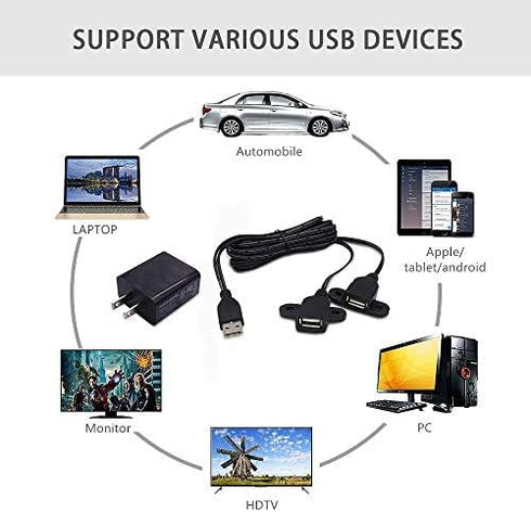 QiCheng&LYS USB 2.0 Male to Dual Female Charging Extension Cable, Furniture nightstand USB Charging Port, Panel Mount Cable with Screw Hole 5ft (1...