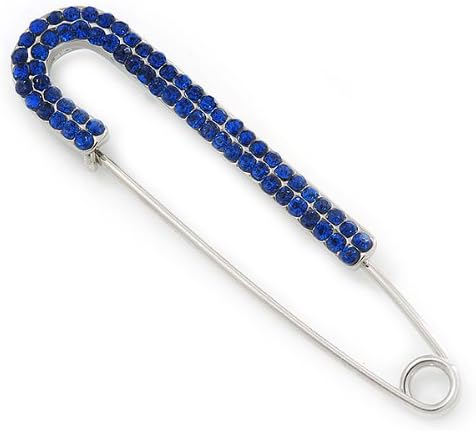 Classic Sapphire Blue Austrian Crystal Safety Pin Brooch In Rhodium Plating - 75mm Length...
