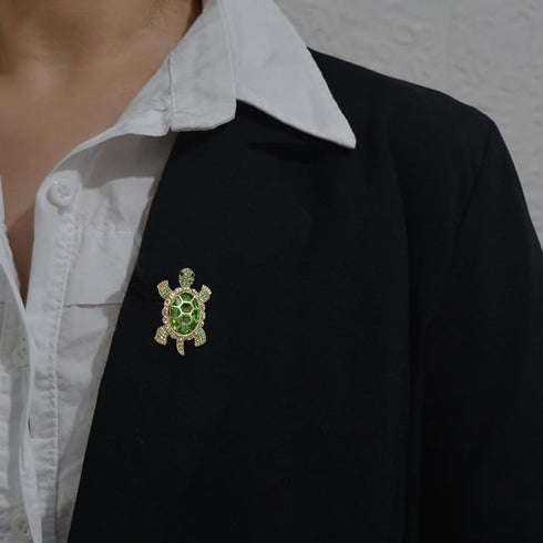 Cute Turtle Brooch Pin Crystal Rhinestones Green Marine Animals Lovely Lapel Pin Dress Accessories Boutonniere Corsage for Hat Bag Gold Tone Great...
