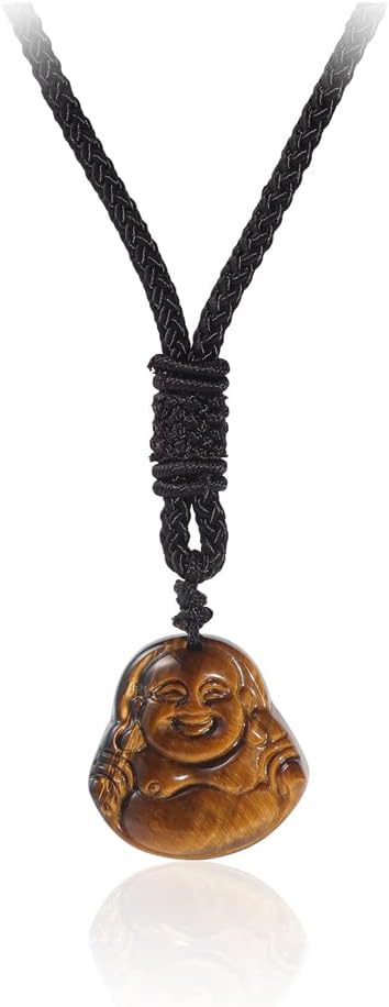 Fuqimanman2020 Amulet Tiger Eye Stone Laughing Buddha Pendant Necklace Lucky Talisman Protection Natural Healing Carved Gemstone for Women Men Wea...